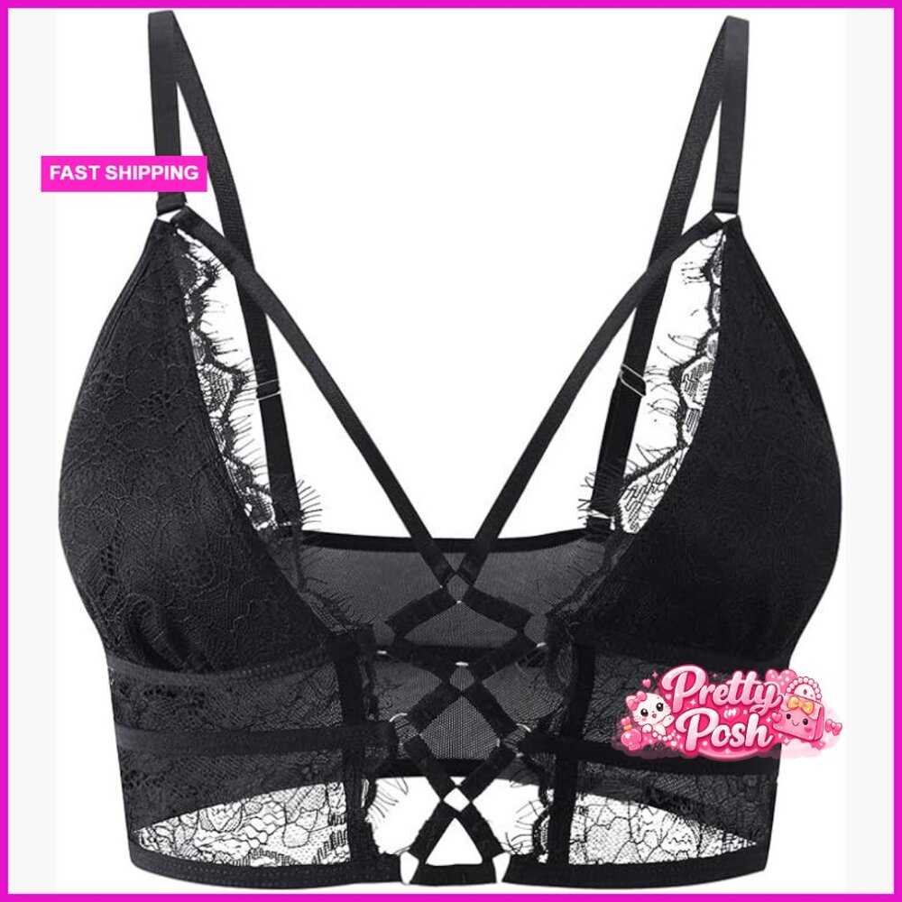 Criss Cross Eyelash Cami Bra Bralette Crop Top 95% Polyester 5% Spandex